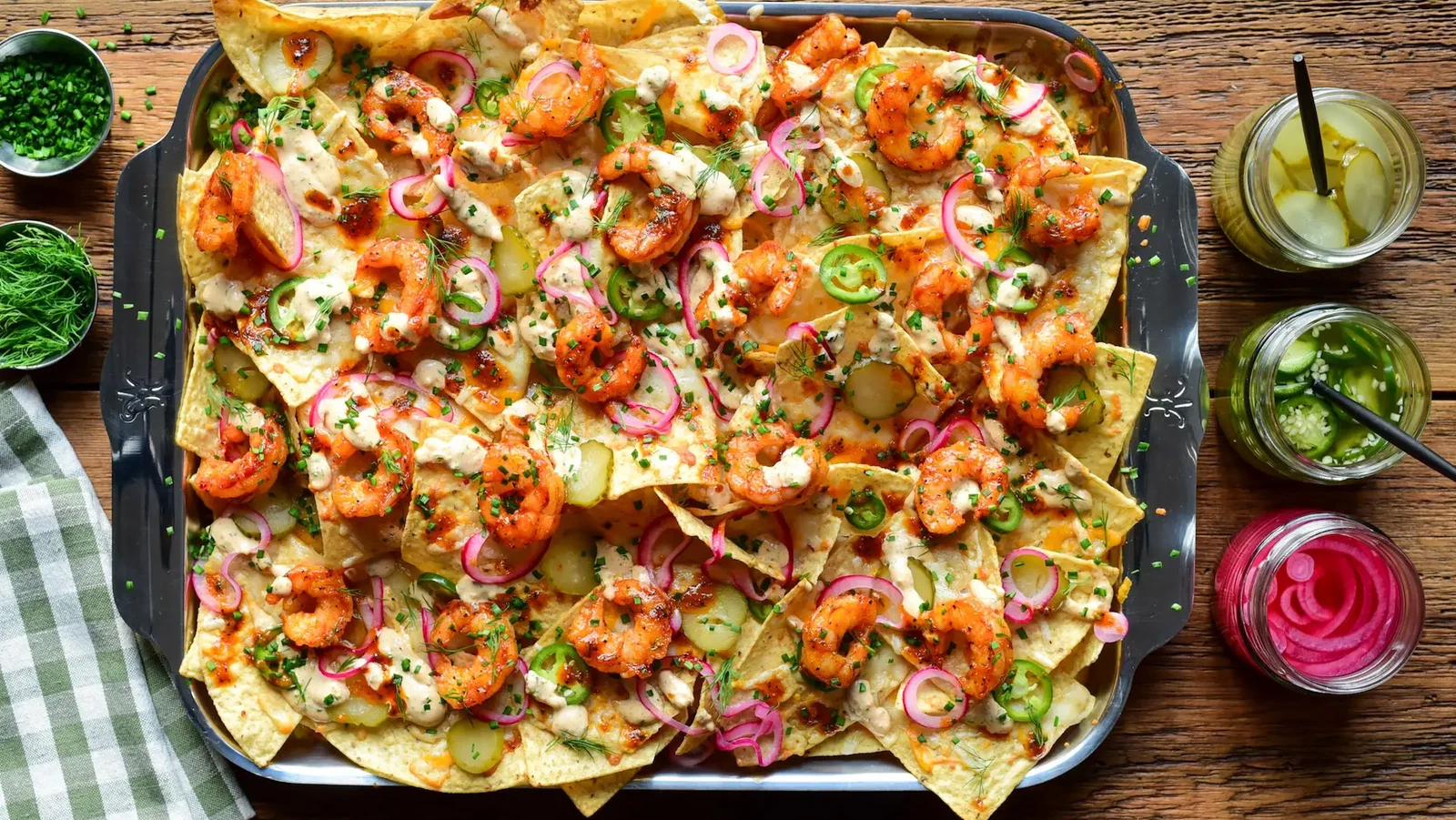 Image of Nashville Hot Honey Shrimp Nachos with Pickle Crema