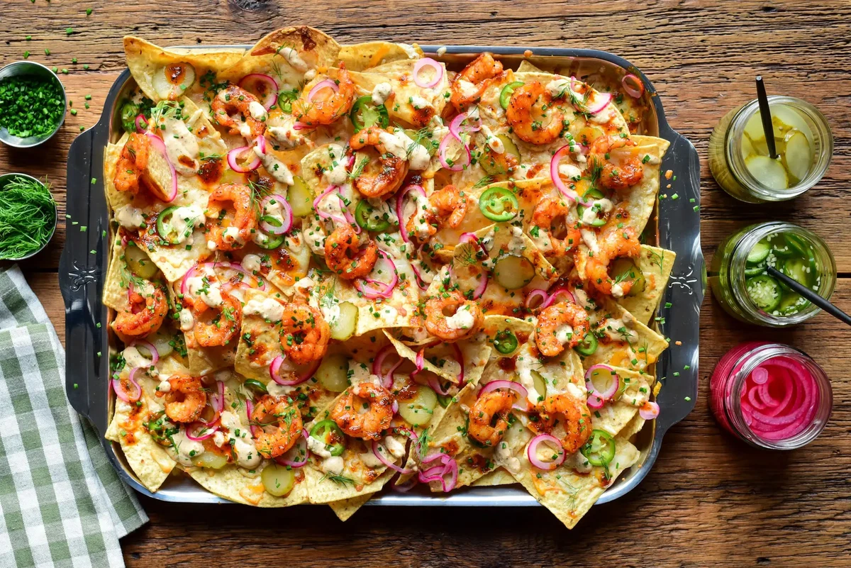 Nashville Hot Honey Shrimp Nachos with Pickle Crema