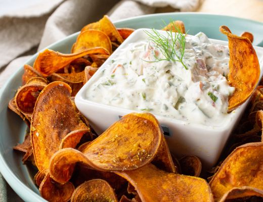 Image of Spiced Garnet Yam Chips with Creamy Cucumber Herb Dip