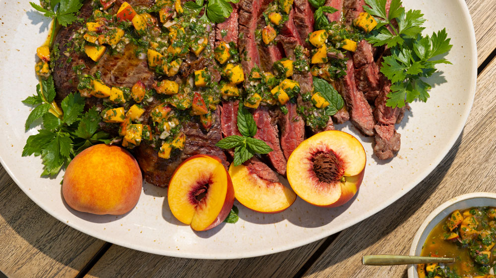 Grilled Flank Steak with Peach Chimichurri