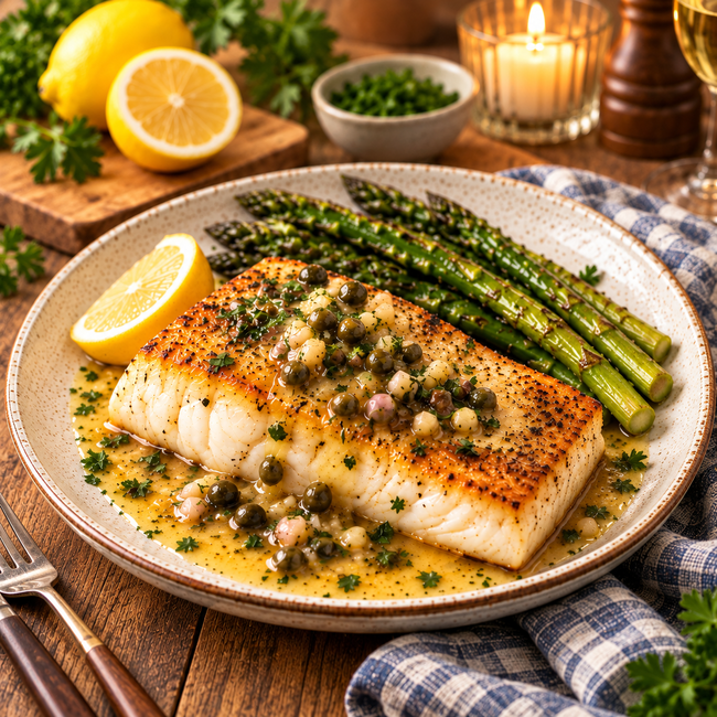 Image of Pan-Seared Halibut with Lemon Caper Butter Sauce