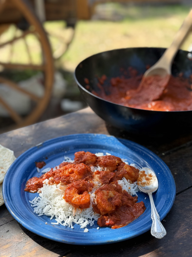 A blue plate of shrimp in a red-orange sauce over rice, on a picnic table next to a cast iron pot with more sauce and some flour tortillas.