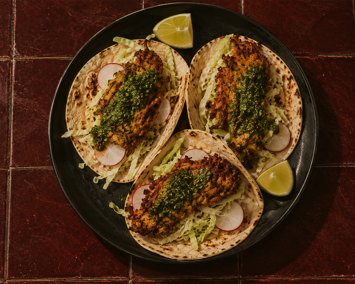 Zucchini Pakora Tacos with Mint Chutney