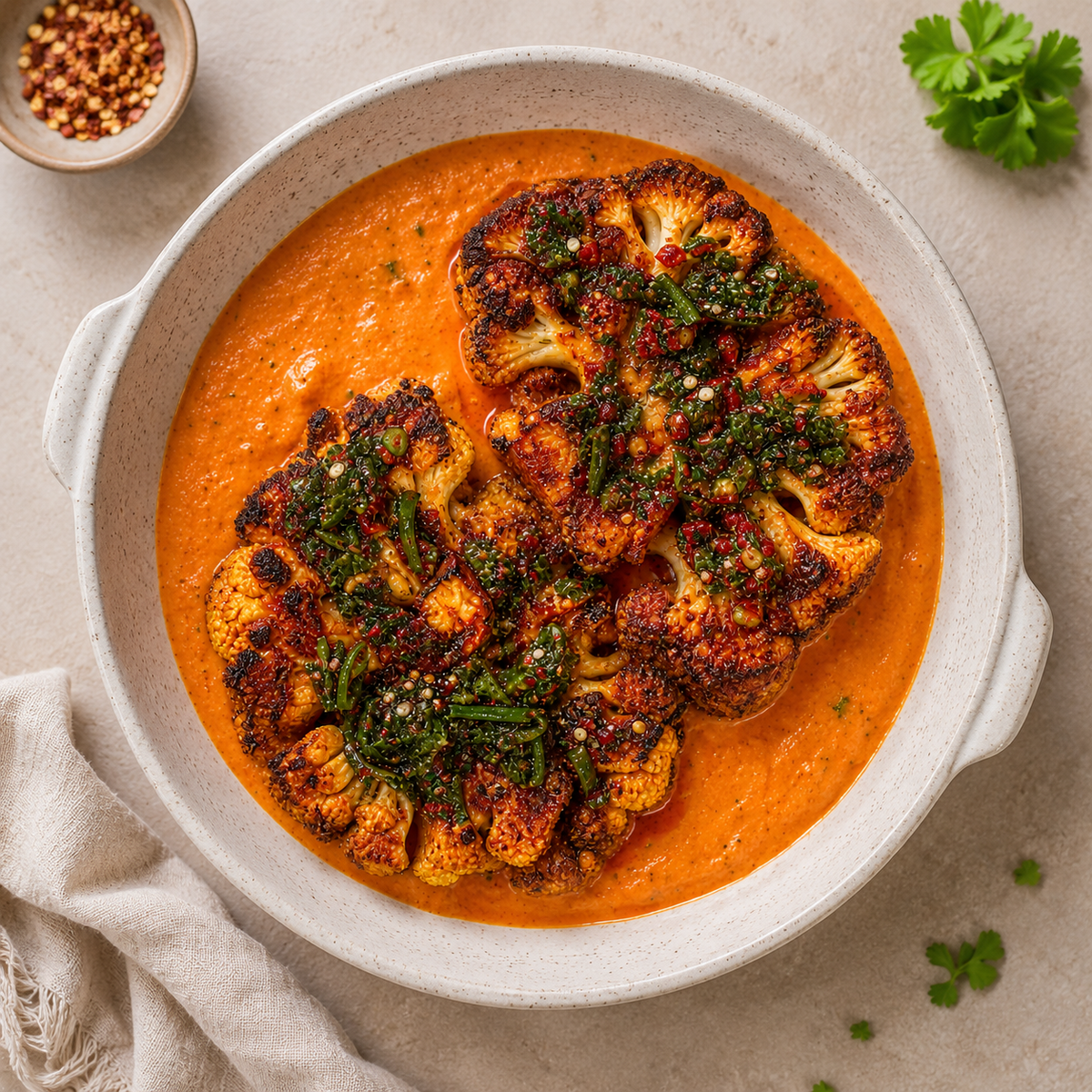 Cauliflower Steaks with Roasted Red Pepper Sauce & Chimichurri