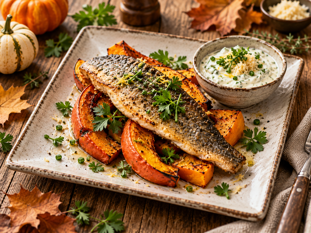 Forellenfilet mit Ofenkürbis und Kräuterdip