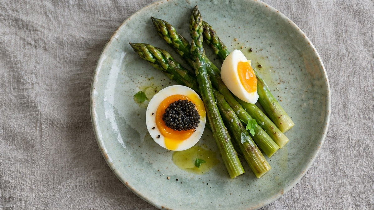Asparagus with Soft-Boiled Eggs and Caviar