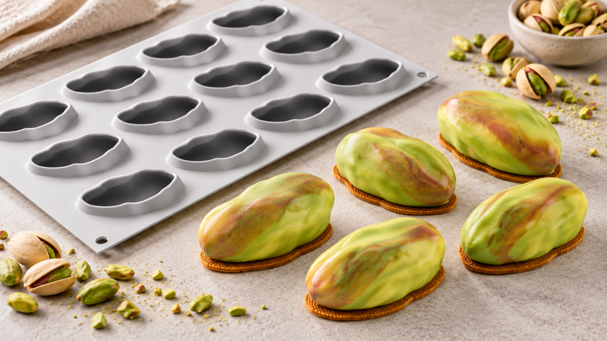 Trompe-l’œil mangue : 12 mini-entremets pistache-framboise