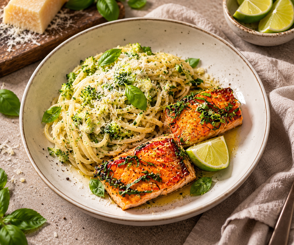 Lax med basilika och krämig broccolipasta