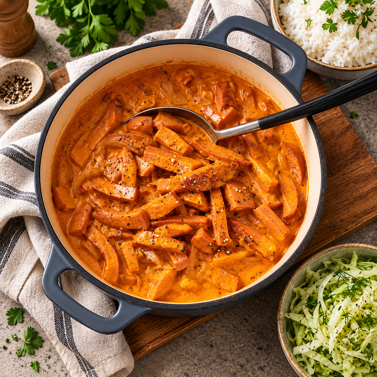 Krämig korvstroganoff med ris