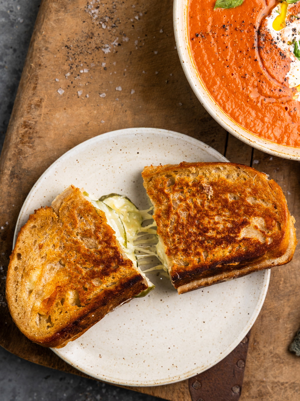 Spicy Dill Pickle Grilled Cheese with Tomato Soup