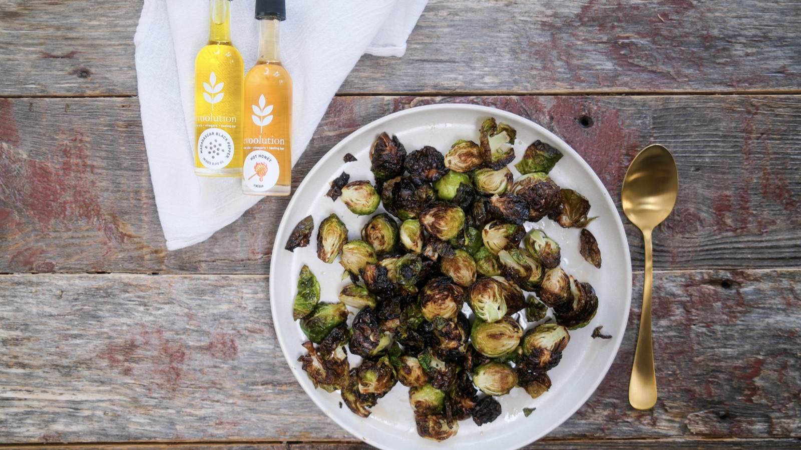 Image of Brussels Sprouts with Black Pepper Olive Oil & Hot Honey Vinegar