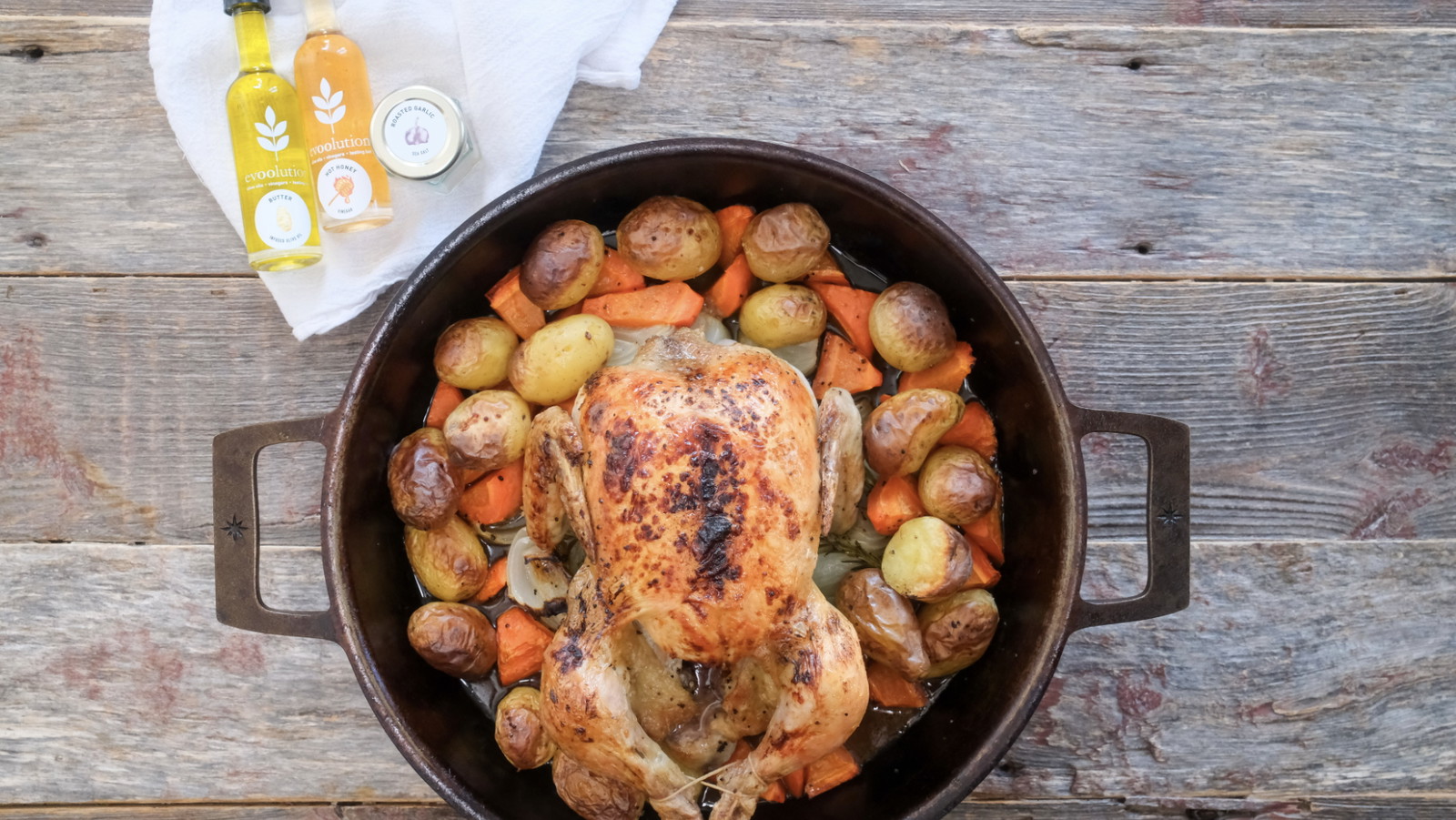 Image of Roast Chicken and Vegetables with Butter Olive Oil and Hot Honey Vinegar
