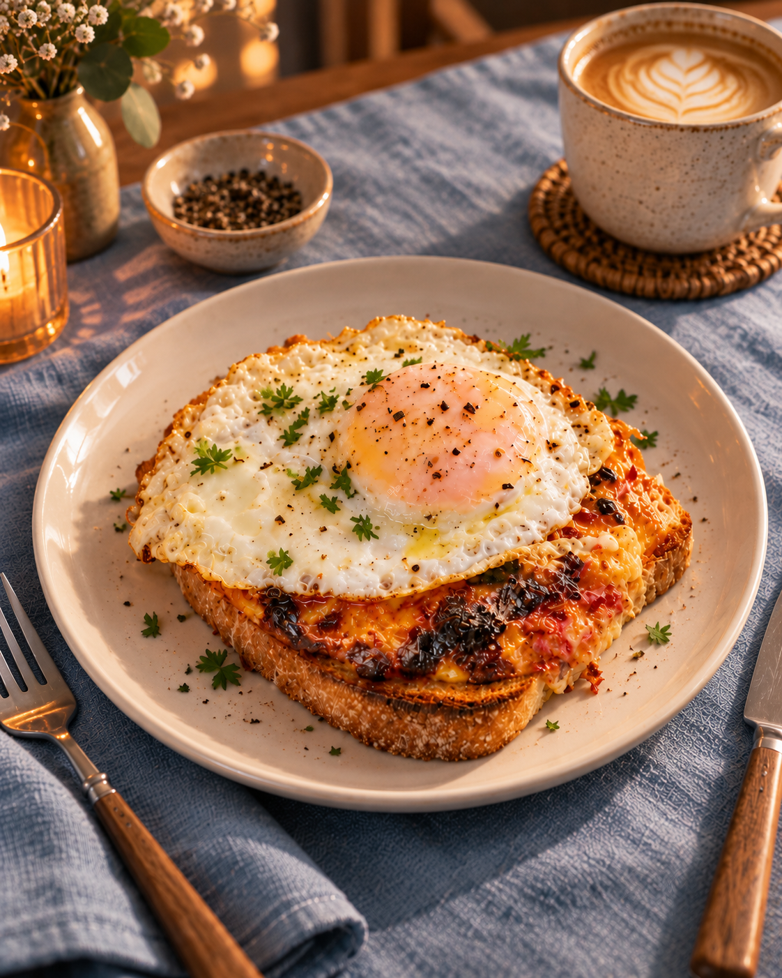 Cheesy, Hammy, Eggy sandwich on a white round plate