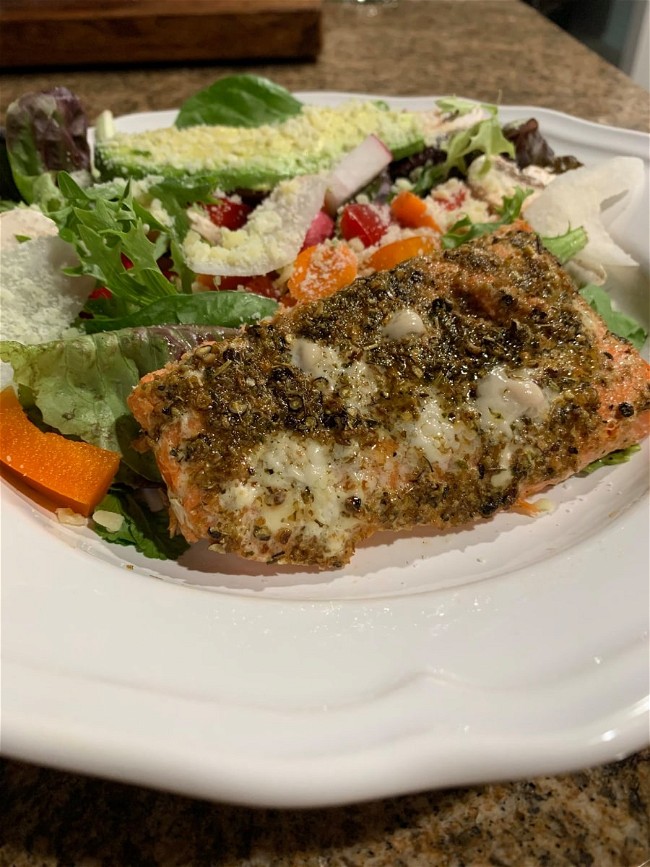 Image of Grilled Adobo Persian Lime Salmon with Avocado and Spring Mix Salad