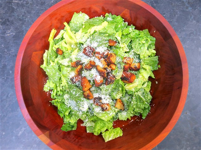 Image of caesar salad with skillet croutons