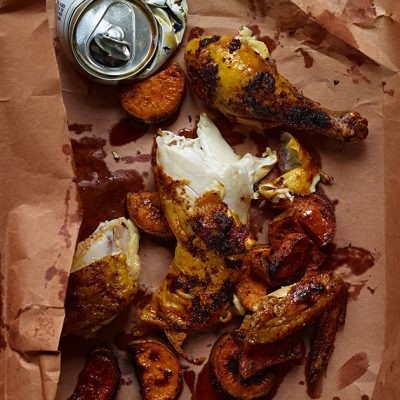 Image of Beer Can Chicken with Roasted Sweet Potatoes