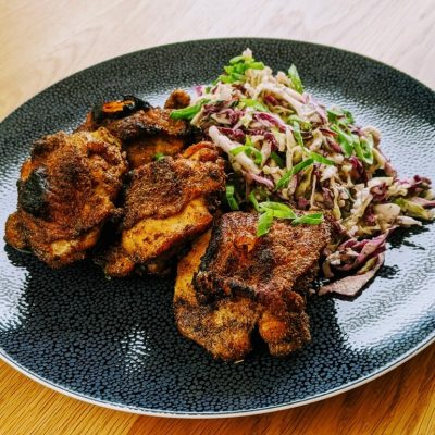 Yemenite Chicken Thighs and Zhoug Cole Slaw