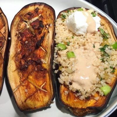 Image of Roasted Eggplant with Rhubarb Couscous