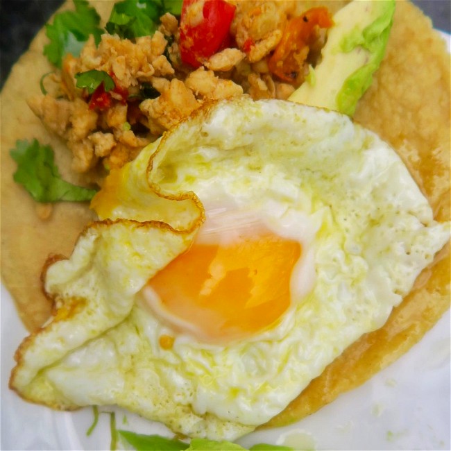 Image of ultimate fried egg & chicken breakfast taco not necessarily for breakfast!
