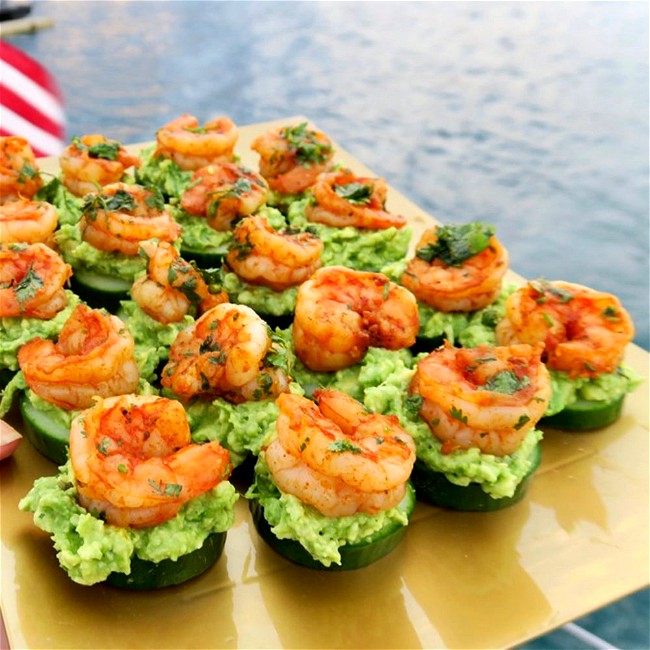 Image of cajun shrimp appetizer with avocado and cucumber