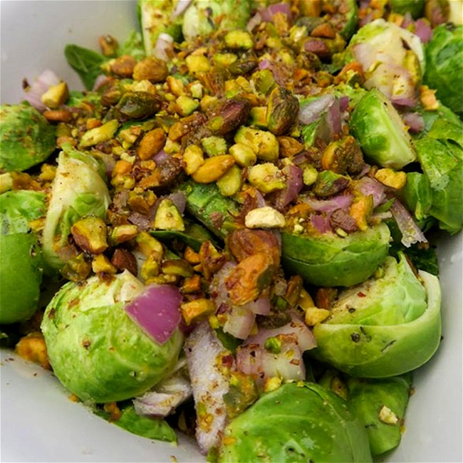 Image of oven-roasted brussels sprouts with shallots and pistachios
