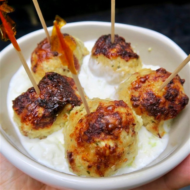 Image of greek-ish meatballs (chicken, bacon & feta) with tzatziki sauce