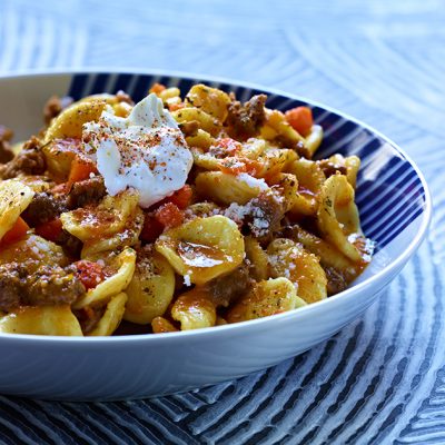 Orecchiette with Spiced Lamb and Carrot Puree