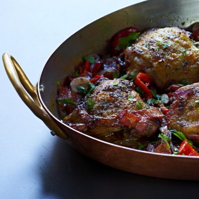 Luberon Braised Chicken Thighs with Bacon and Peppers