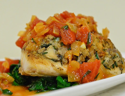 Image of Alaskan Halibut with Mushroom Crust Topped Tomato Relish