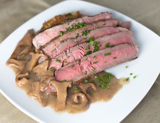 Image of American Kobe Beef Hanger Steak with Celery Root Cake and Chanterelle Mushrooms