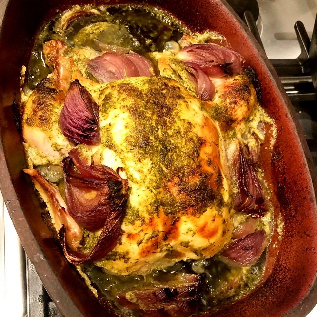 Image of clay pot roasted chicken with fresh herb sauce