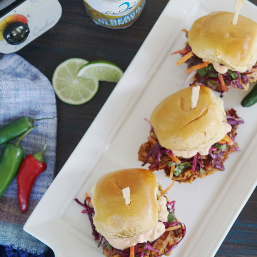 Beach Blonde Crafted Carnitas Sliders with Key Lime Cider Cilantro Slaw and Chipotle Cream