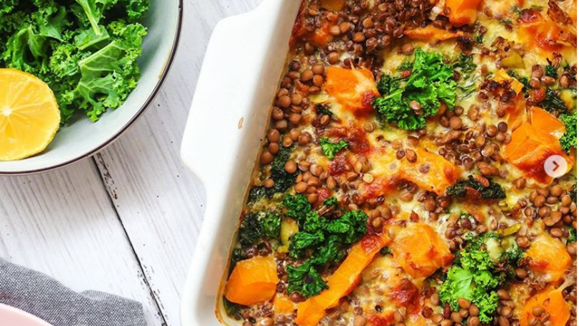 Image of HIGH PROTEIN CHEESY LENTIL + PUMPKIN TRAY BAKE