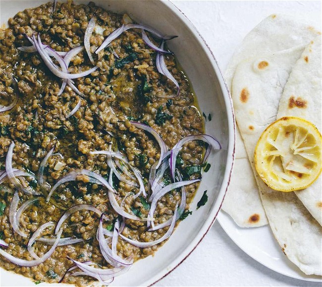 Image of Crushed Puy Lentils with Turmeric and Tahini




