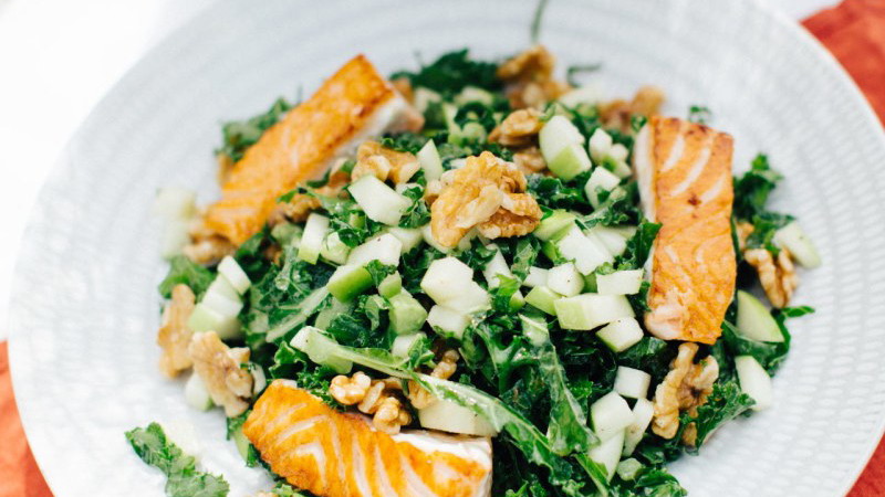Image of Salmon with Kale Apple Walnut Salad