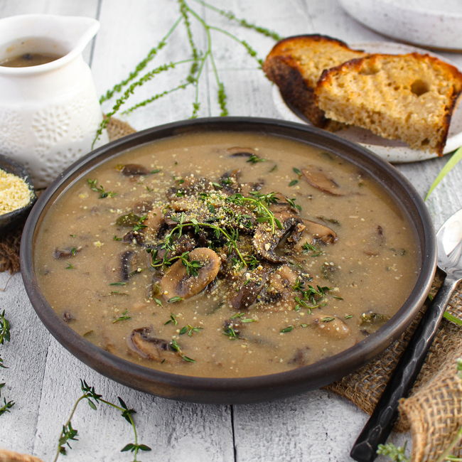 Image of Vegan Cream of Mushroom Soup with Cashew Parmesan