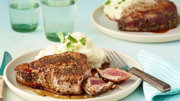 Image of Pepper-Crusted Tuna Steak with Teriyaki Sauce and Wasabi Smashed Potatoes