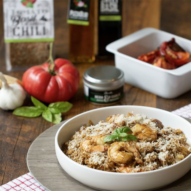 Image of Tomato Basil And Calabrian Chili Risotto With Shrimp