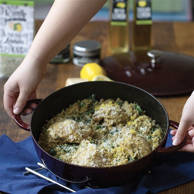 Image of Asiago Lemon Spinach Risotto With Braised Chicken Thighs