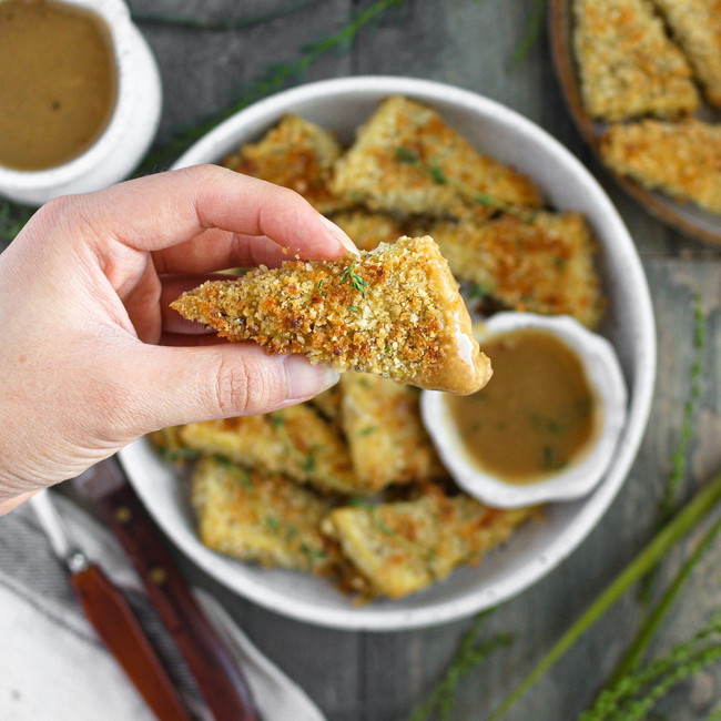 Image of Crispy Vegan Baked Tofu Cutlets with Savory Gravy and Cashew Parmesan