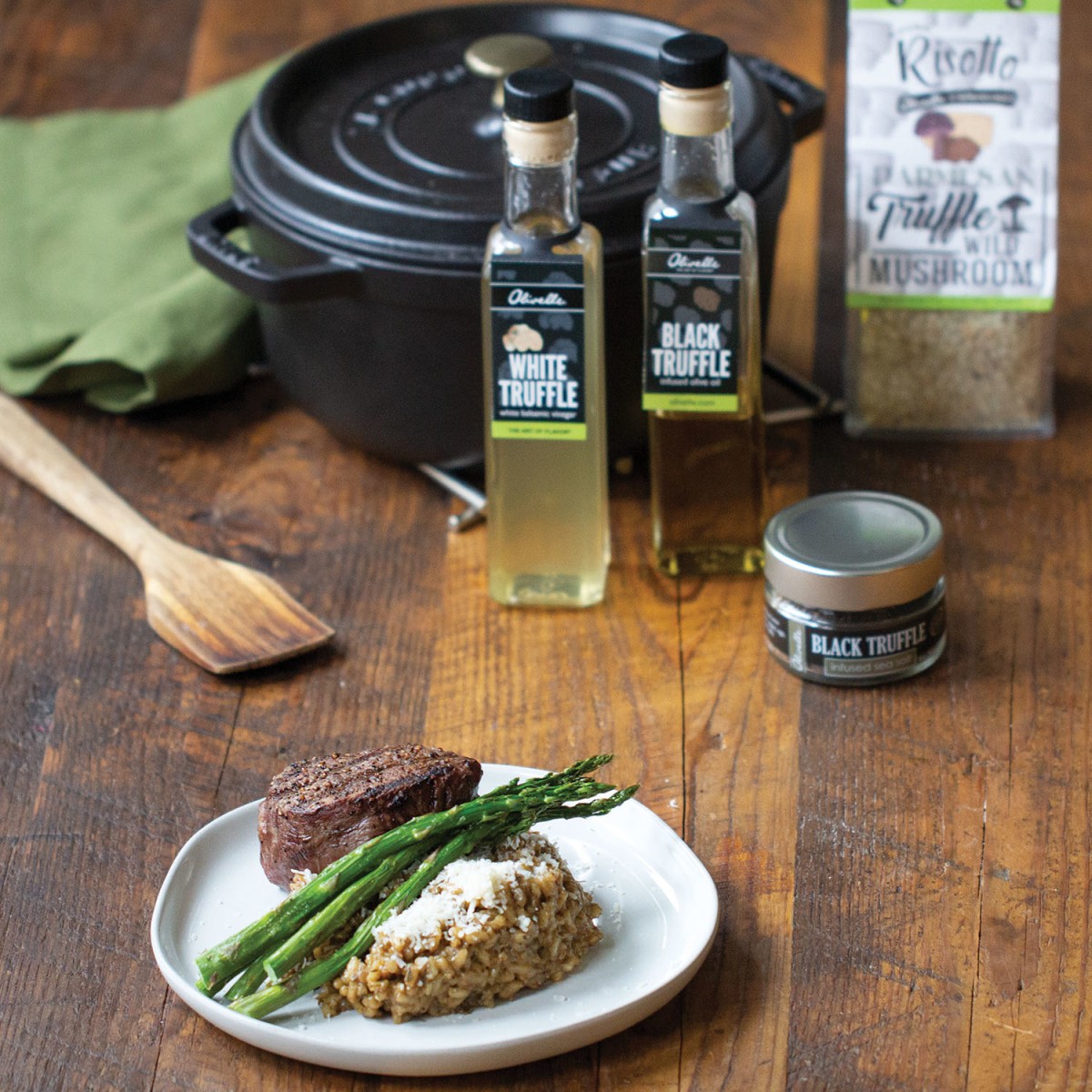 Parmesan Truffle Wild Mushroom Risotto with Grilled Steak and Asparagus 