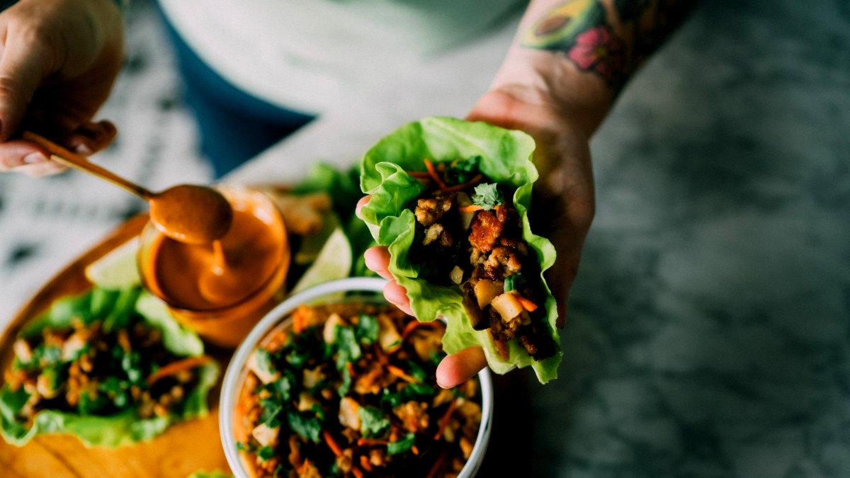 Image of Bone Broth Pork Lettuce Wraps w/ Almond Butter Sauce