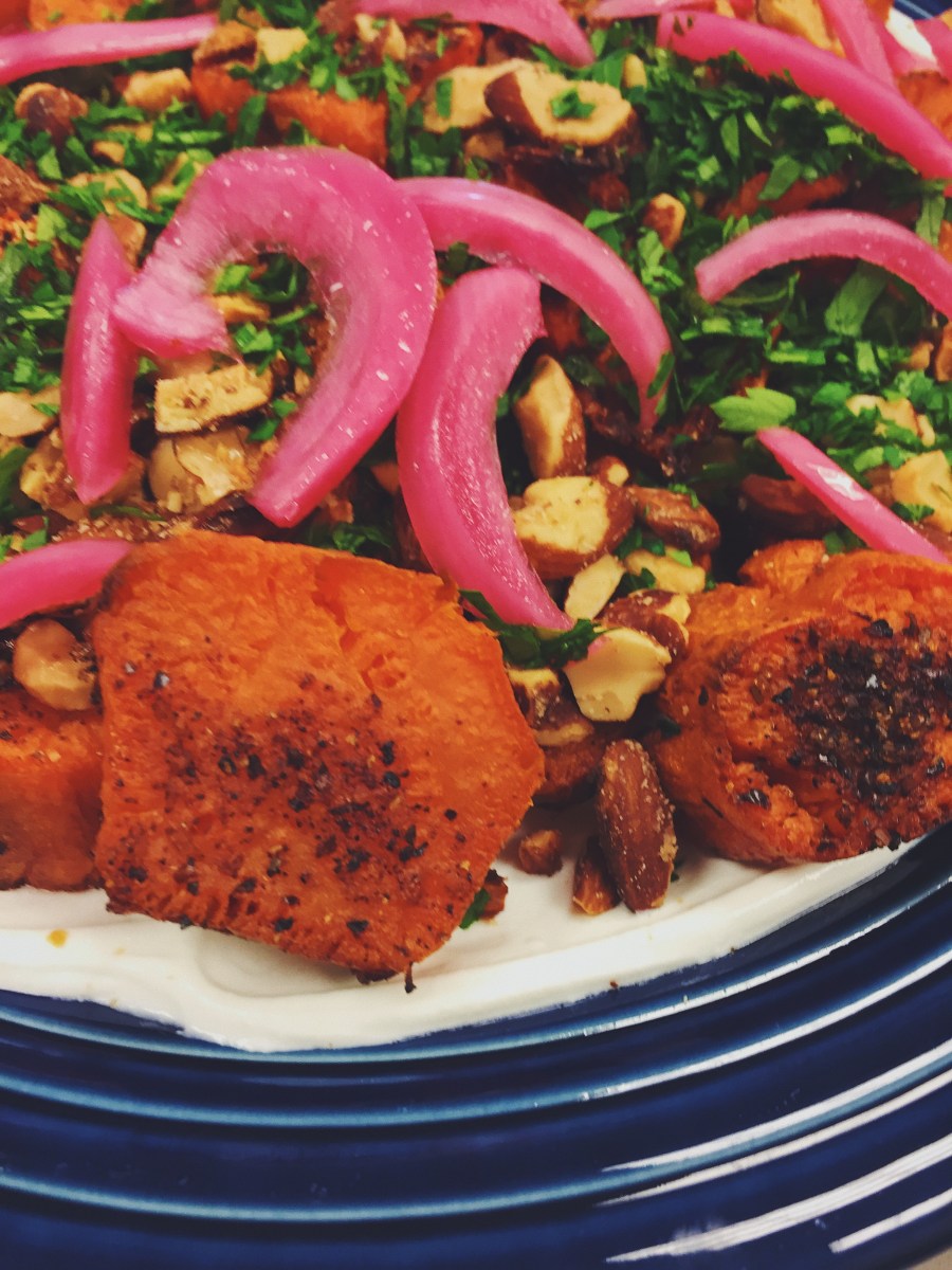 Roasted Sweet Potatoes with Lebne and Smoked Almonds (aka Cowboy Sweet Potatoes)