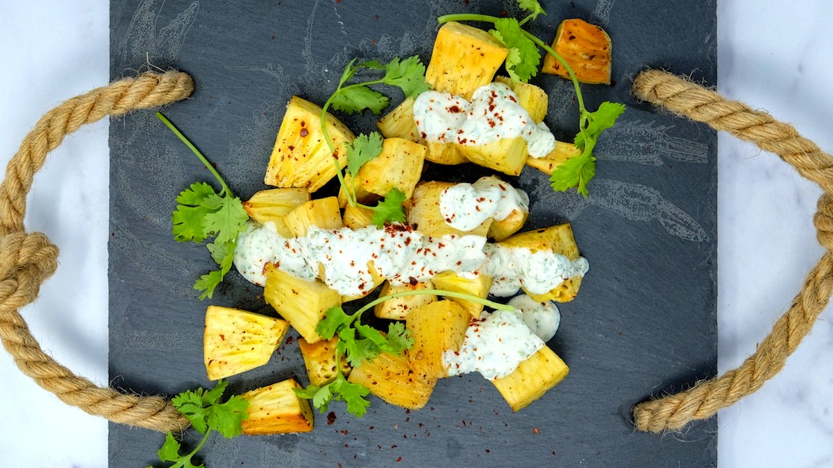 Image of Roasted ʻUlu with Cilantro Yogurt Sauce