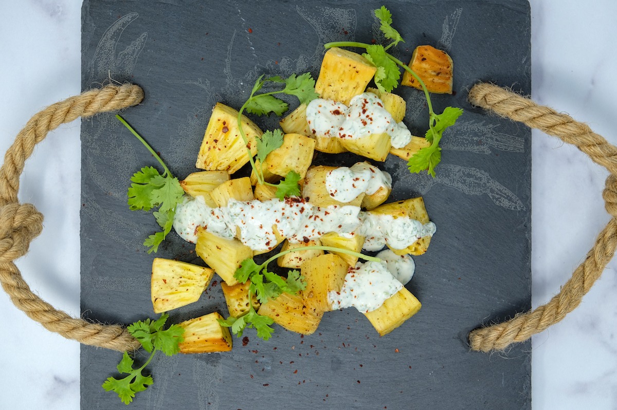 Roasted ʻUlu with Cilantro Yogurt Sauce
