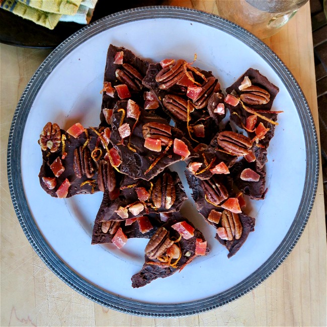 Image of chocolate bark with papaya, pecans & orange liquor