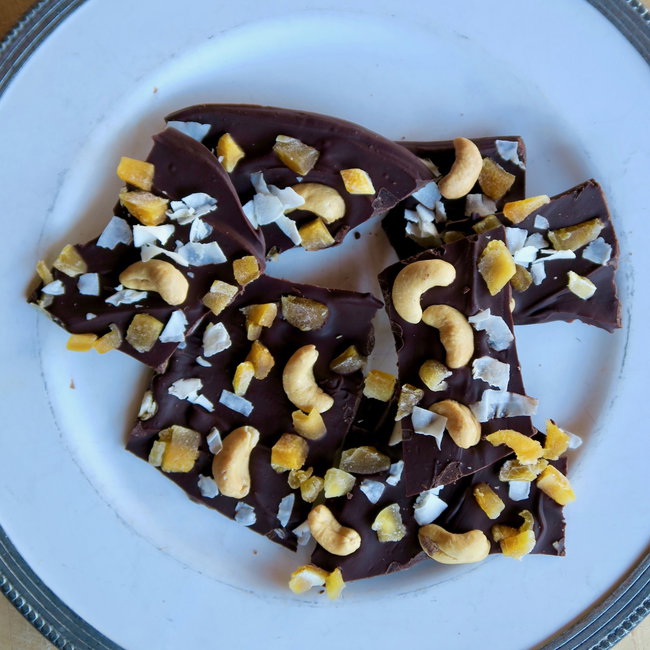 Image of tropical chocolate bark with cashews, mango & rum