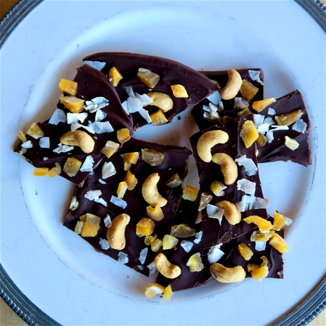 Image of tropical chocolate bark with cashews, mango & rum