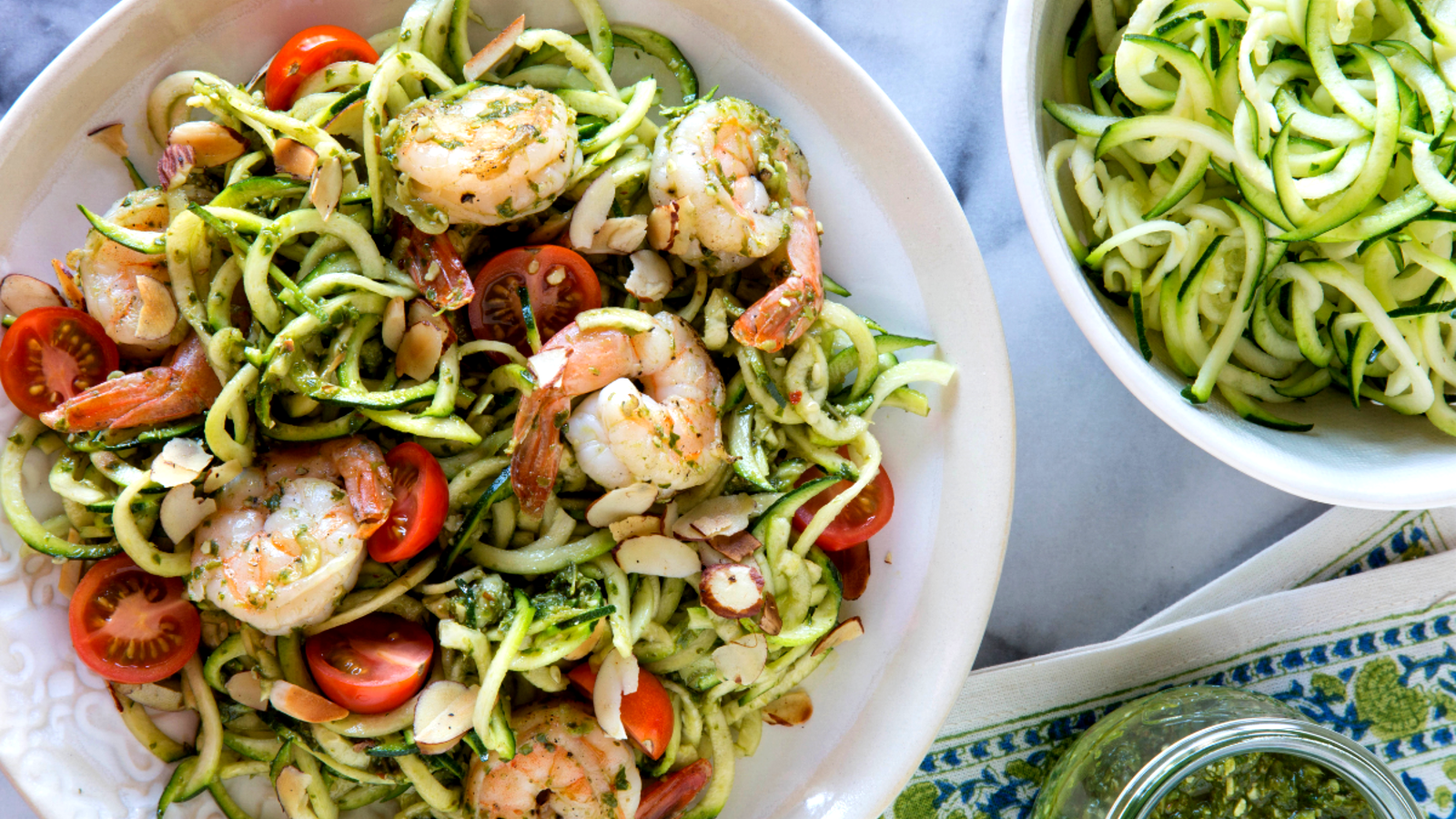 Image of Zucchini Noodles And Grilled Shrimp With Almond Lemon Basil Dressing 