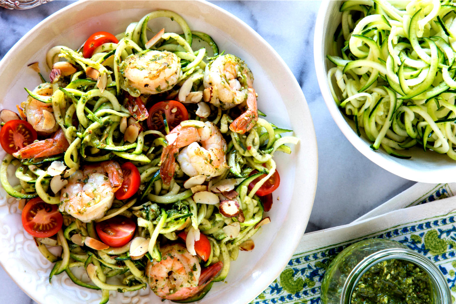 Image of Zucchini Noodles And Grilled Shrimp With Almond Lemon Basil Dressing 